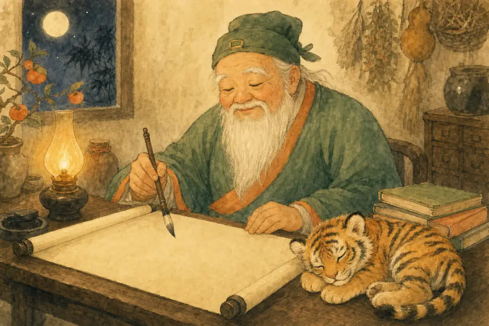 Lao Xinglin writing by lamplight, the tiger cub asleep on the desk