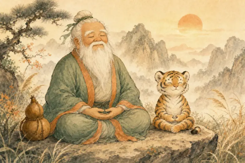 Lao Xinglin meditating at dawn beside the tiger cub