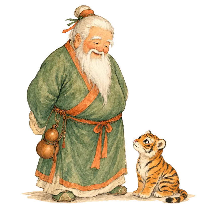 Lao Xinglin smiling down at the tiger cub