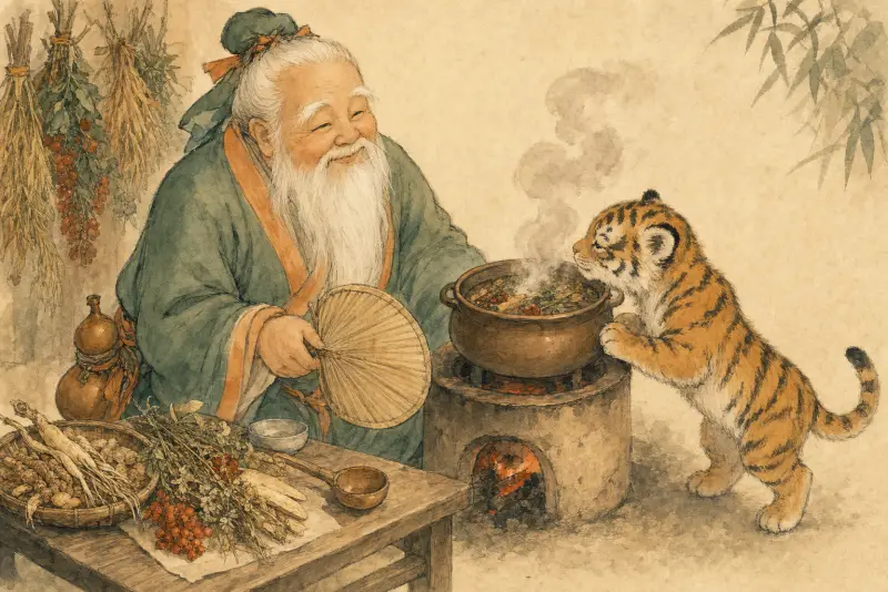 Lao Xinglin brewing a decoction at the clay stove