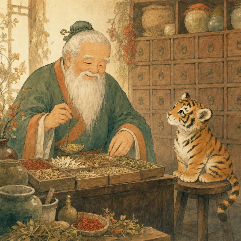 Lao Xinglin sorting herbs at the hundred-drawer cabinet