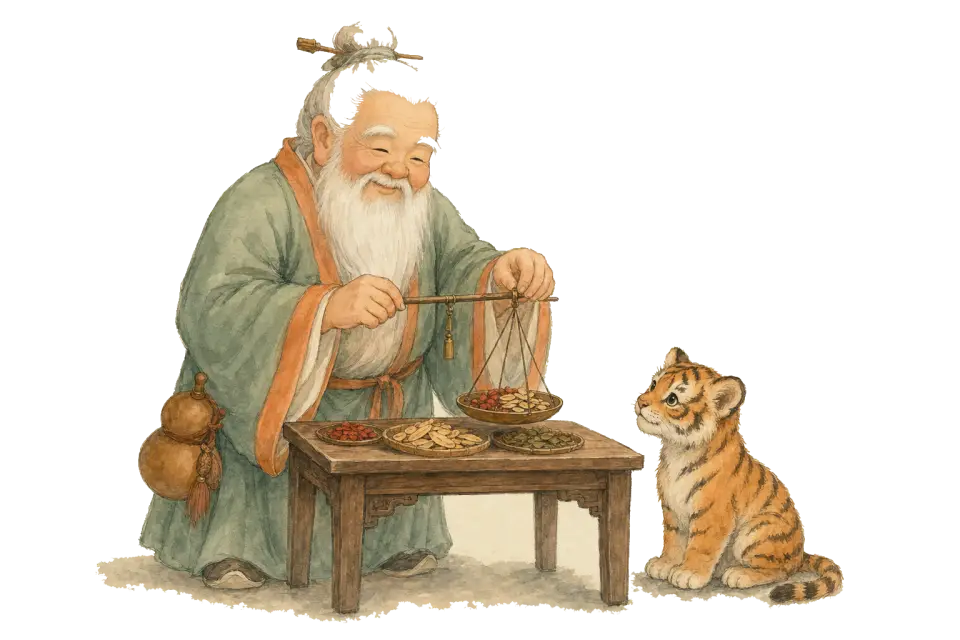 Lao Xinglin weighing herbs with a hand scale while the tiger cub watches