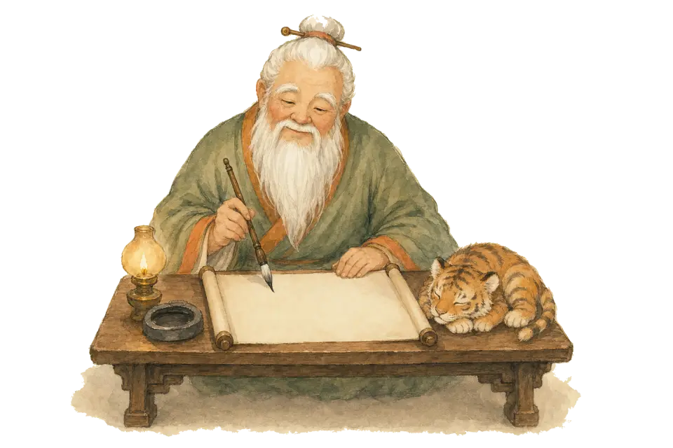 Lao Xinglin writing at his desk by lamplight, the tiger cub asleep on the corner